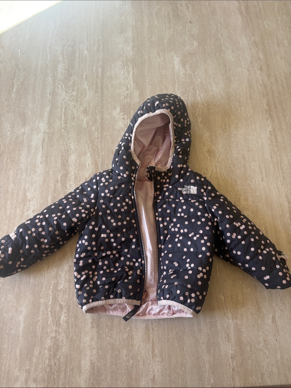 The North Face Black Puffer Jacket with Pink Polka Dots